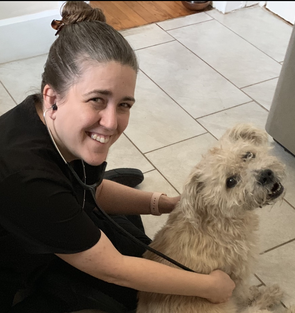 Dr. Sandra Truli Springer, VMD listening to a white scruffy dog's heartbeat with a stethoscope.